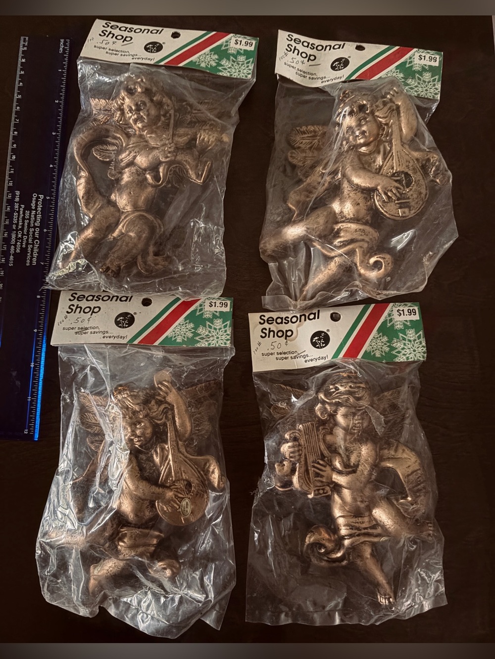 Vintage 80s Hobby Lobby Cherub Angel Christmas Ornaments Lot 4 Old Gold Plastic